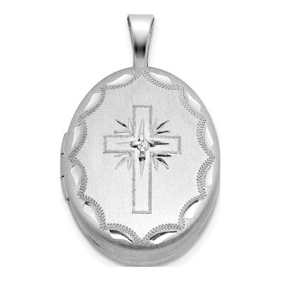 Sterling Silver 1/20 ct tw Diamond Cross Oval Locket