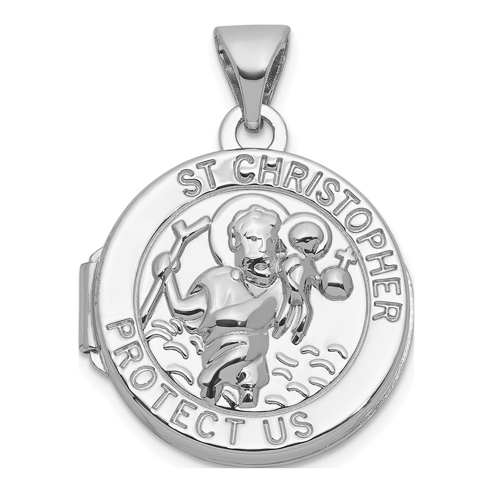 Sterling Silver Rhodium-Plated Saint Christopher Protect Us 16mm Round Locket