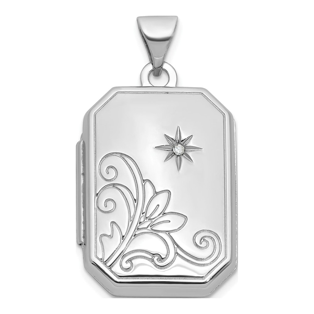 Sterling Silver Rhodium-Plated Half Point Diamond Flower And Star 20mm Rectangle Locket