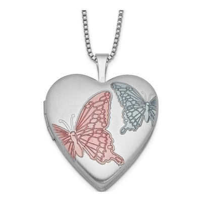 Sterling Silver Enamel Butterfly Heart Locket Pendant Necklace