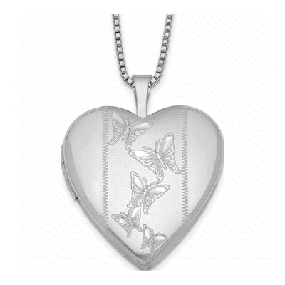 Sterling Silver Butterflies Heart Locket Pendant Necklace