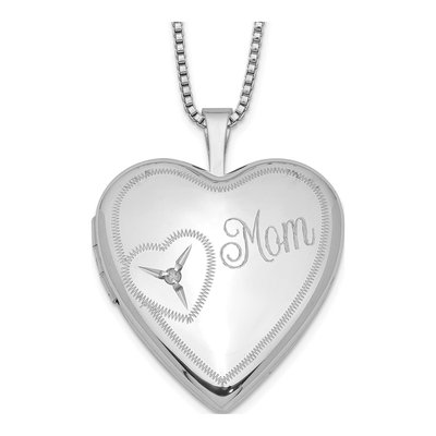 Sterling Silver Diamond Mom Heart Locket Pendant Necklace