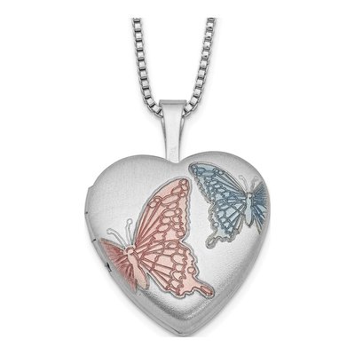 Sterling Silver Butterfly Heart Locket Pendant Necklace