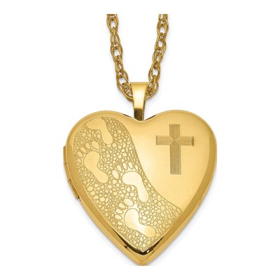 14K Gold-Filled Filled Cross Footprint Heart Locket Pendant Necklace