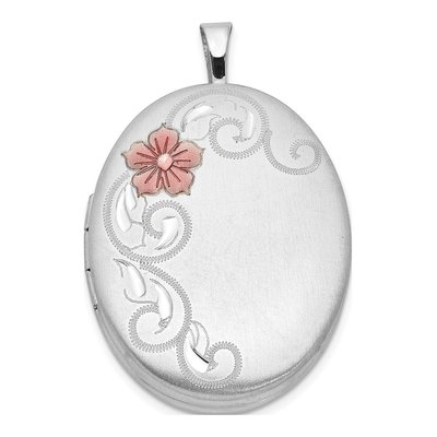 Sterling Silver Enameled Flower Scroll Oval Locket