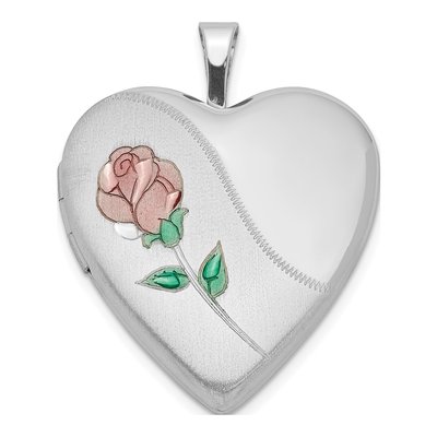 Sterling Silver Rhod-Plated 20mm Satin, Enamel, D/C Floral Heart Locket