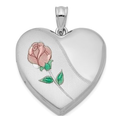 Sterling Silver Rose Locket, Enameled & Diamond-Cut 24mm