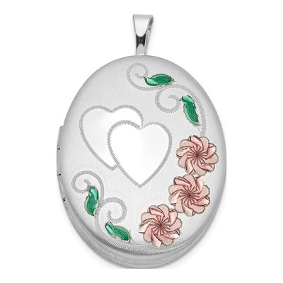 Sterling Silver Enamel Floral Heart Oval Locket