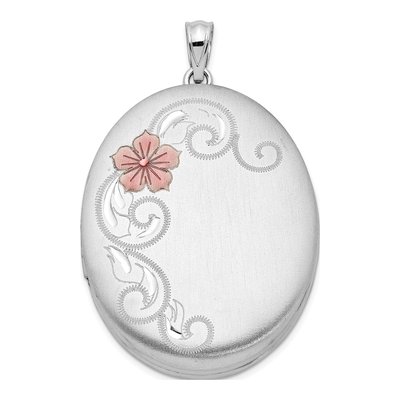 Sterling Silver Rhodium-Plated Satin & Enameled Floral 34mm Oval Locket