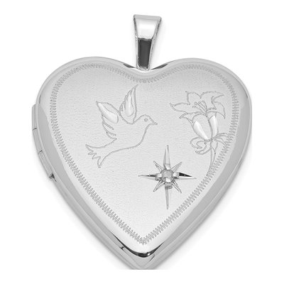 Sterling Silver 1/20 ct tw Diamond Dove Flower Heart Locket