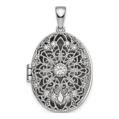 Sterling Silver CZ Filigree Oval Locket
