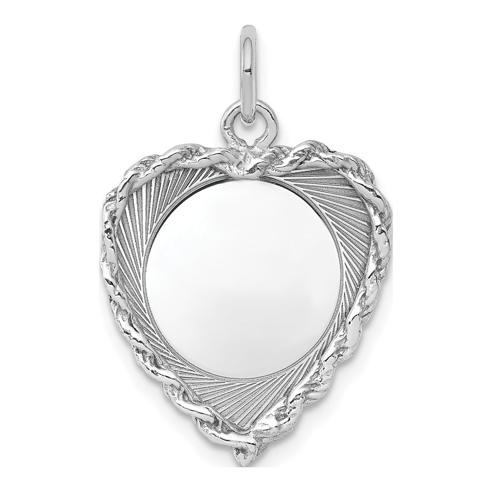 Sterling Silver Rhodium-Plated Rh-Plt Engraveable Heart Polished Front/back Disc Charm Pendant