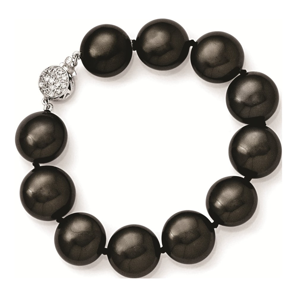 Sterling Silver CZ Rh-Pl Coin Blk Imitat Shell Brac Bracelet