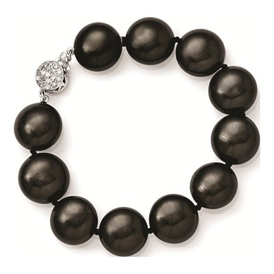 Sterling Silver CZ Rh-Pl Coin Blk Imitat Shell Brac Bracelet