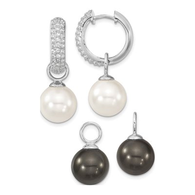 Sterling Silver 34mm CZ Interchangeable Shell Huggie Hoop Earrings
