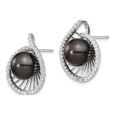 Sterling Silver Round CZ Shell Button Stud Earrings – view 2