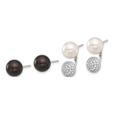 Sterling Silver Sterlings Majestik Rh-Pl 8-9mm Wht/Blk Imit Shell Pearl Cz Post Earring Set – view 2
