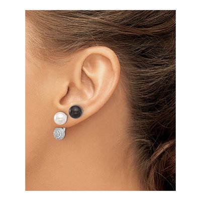 Sterling Silver Sterlings Majestik Rh-Pl 8-9mm Wht/Blk Imit Shell Pearl Cz Post Earring Set – view 3
