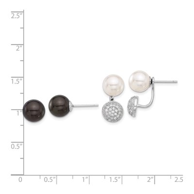 Sterling Silver Sterlings Majestik Rh-Pl 8-9mm Wht/Blk Imit Shell Pearl Cz Post Earring Set – view 4