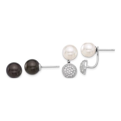 Sterling Silver Sterlings Majestik Rh-Pl 8-9mm Wht/Blk Imit Shell Pearl Cz Post Earring Set