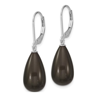 Sterling Silver Black Shell Pearl Teardrop Leverback Earrings – view 2