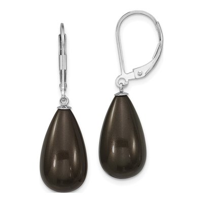 Sterling Silver Black Shell Pearl Teardrop Leverback Earrings