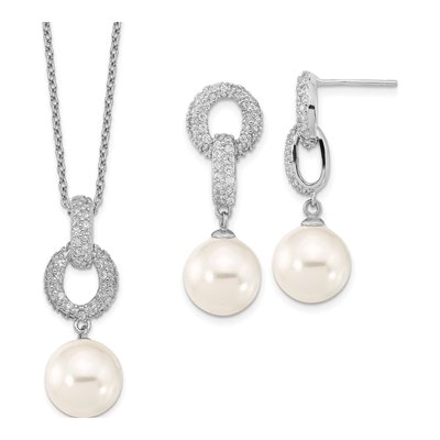 Sterling Silver Shell Pearl & CZ Necklace Earring Set