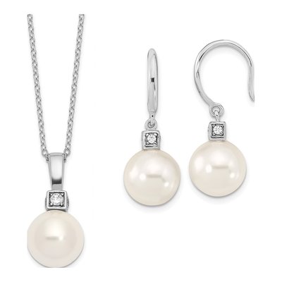Sterling Silver Shell Pearl & CZ Necklace Earring Set