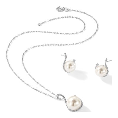 Sterling Silver Shell Pearl & CZ Necklace Earring Set – view 7