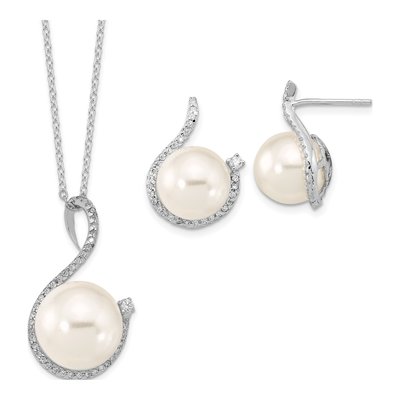 Sterling Silver Shell Pearl & CZ Necklace Earring Set