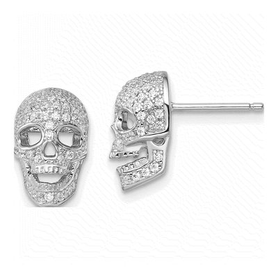 Sterling Silver CZ Pave Skull Stud Earrings