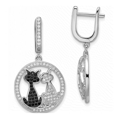 Sterling Silver 36mm CZ Cat Huggie Hoop Earrings