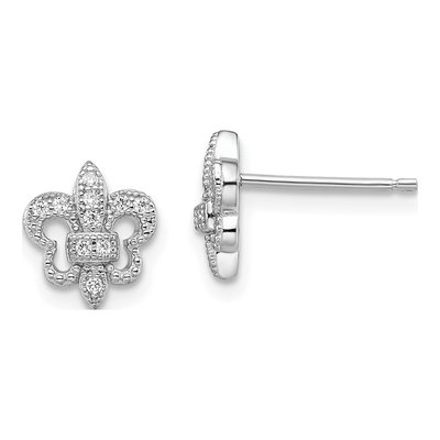 Sterling Silver CZ Fleur de Lis Pave Stud Earrings