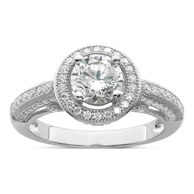 Sterling Silver CZ Halo Micro Pave Engagement Ring