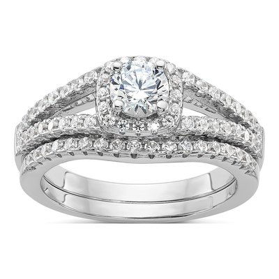 Sterling Silver CZ Pav 2-Piece Wedding Ring Set