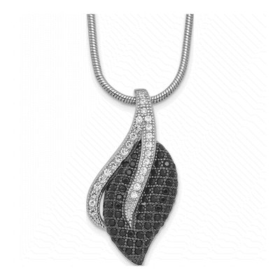 Sterling Silver Black Spinel & CZ Leaf Pendant Necklace