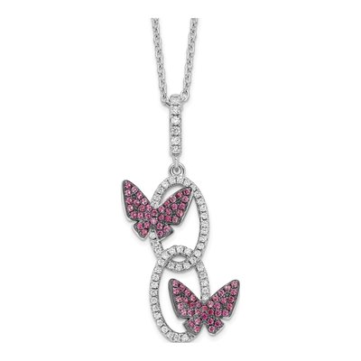 Sterling Silver Black Spinel & CZ Ovals Butterflies Pendant Necklace