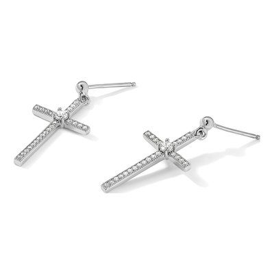Sterling Silver CZ Cross Dangle Earrings, Pave – view 6