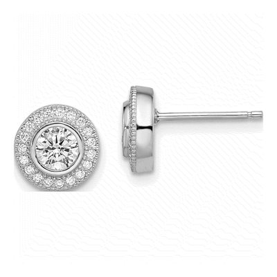 Sterling Silver CZ Pave Halo Button Stud Earrings