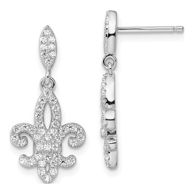 Sterling Silver CZ Fleur de Lis Dangle Earrings