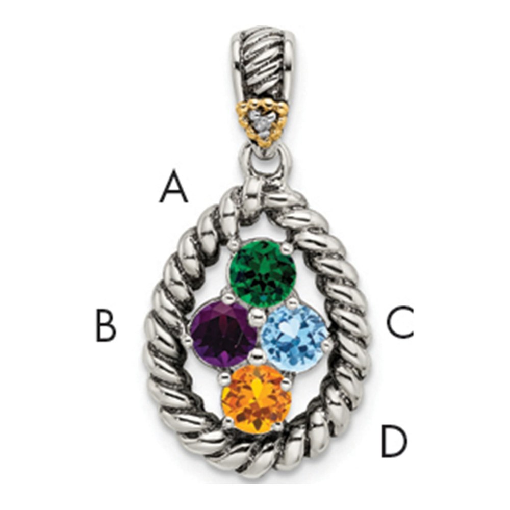 Sterling Silver Antiqued With 14K 4-Stone With 0.005 ctw (total weight)ct Diamond Mother's Pendant