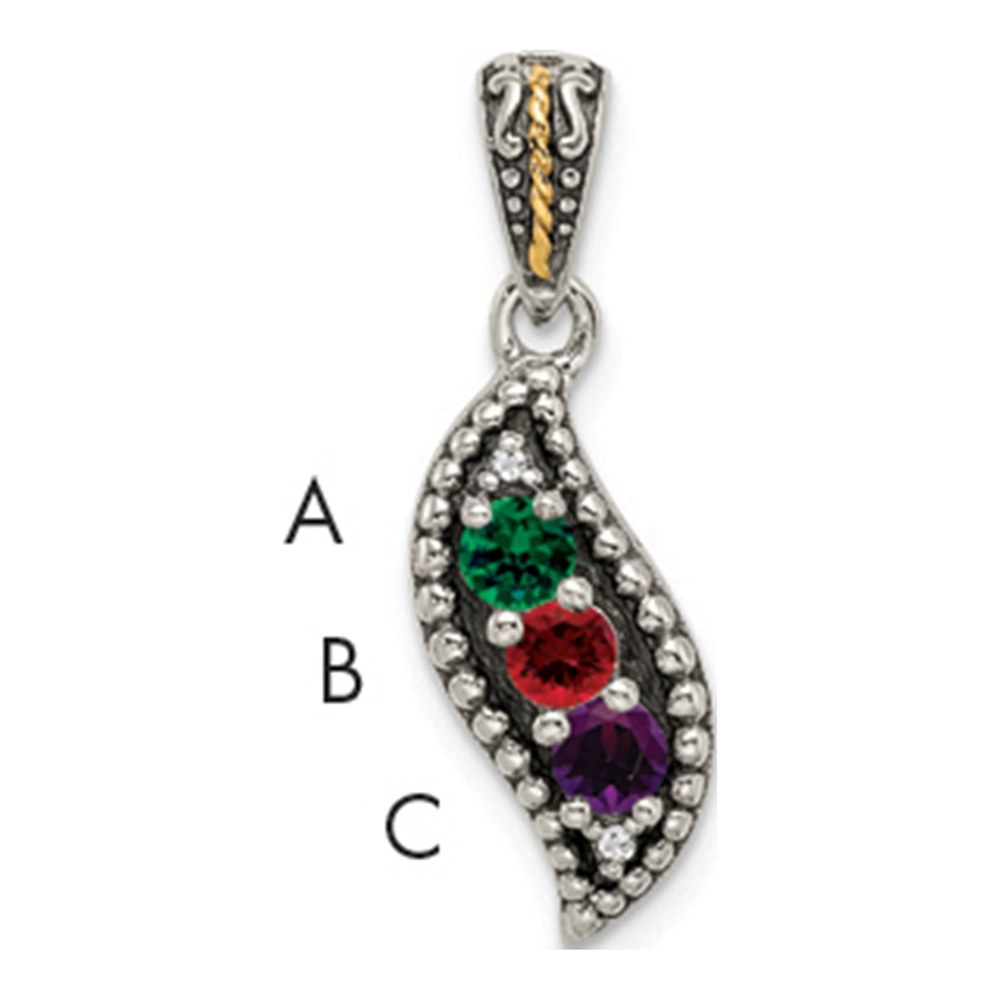 Sterling Silver Antiqued With 14K 3-Stone With 0.010 ctw (total weight)ct Diamond Mother's Pendant