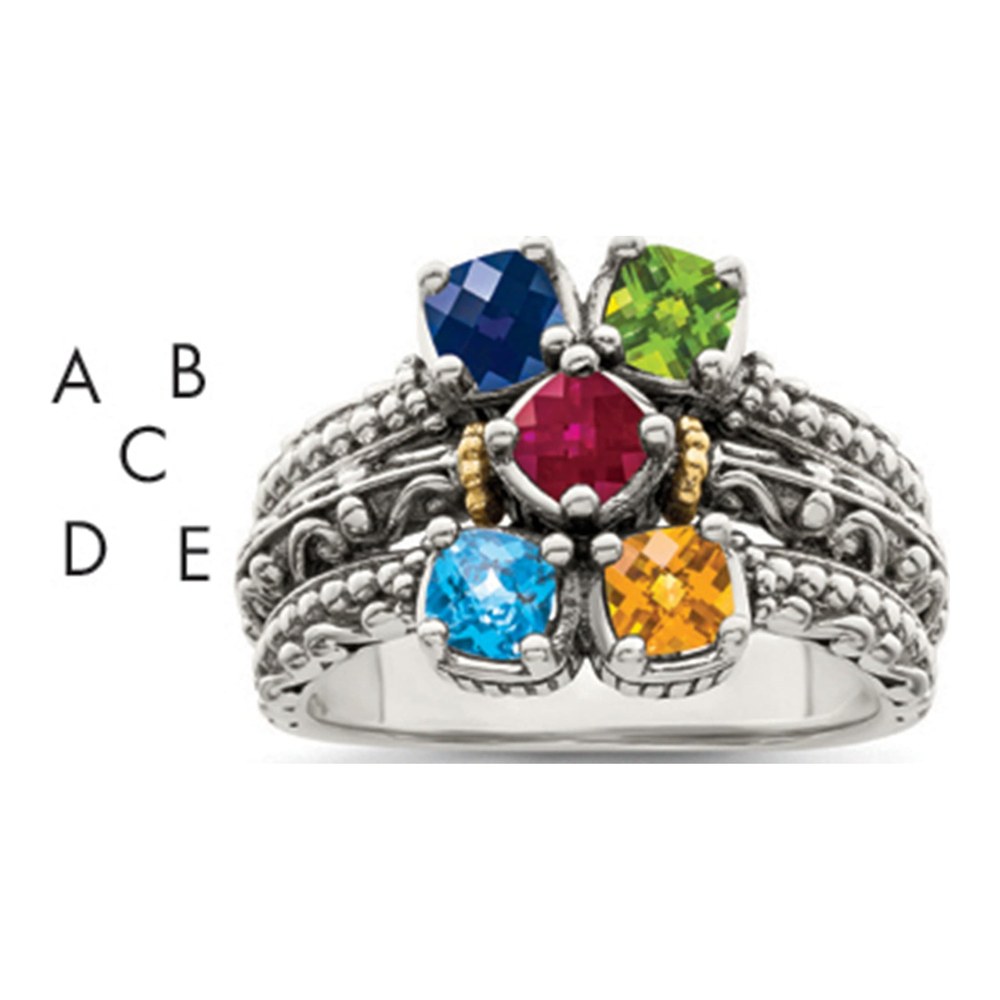 Sterling Silver Antiqued With 14K 5-Stone Mother's Ring