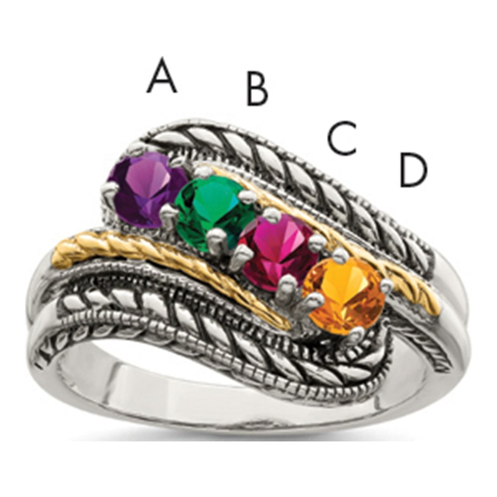 Sterling Silver Antiqued With 14K 4-Stone Mother's Ring