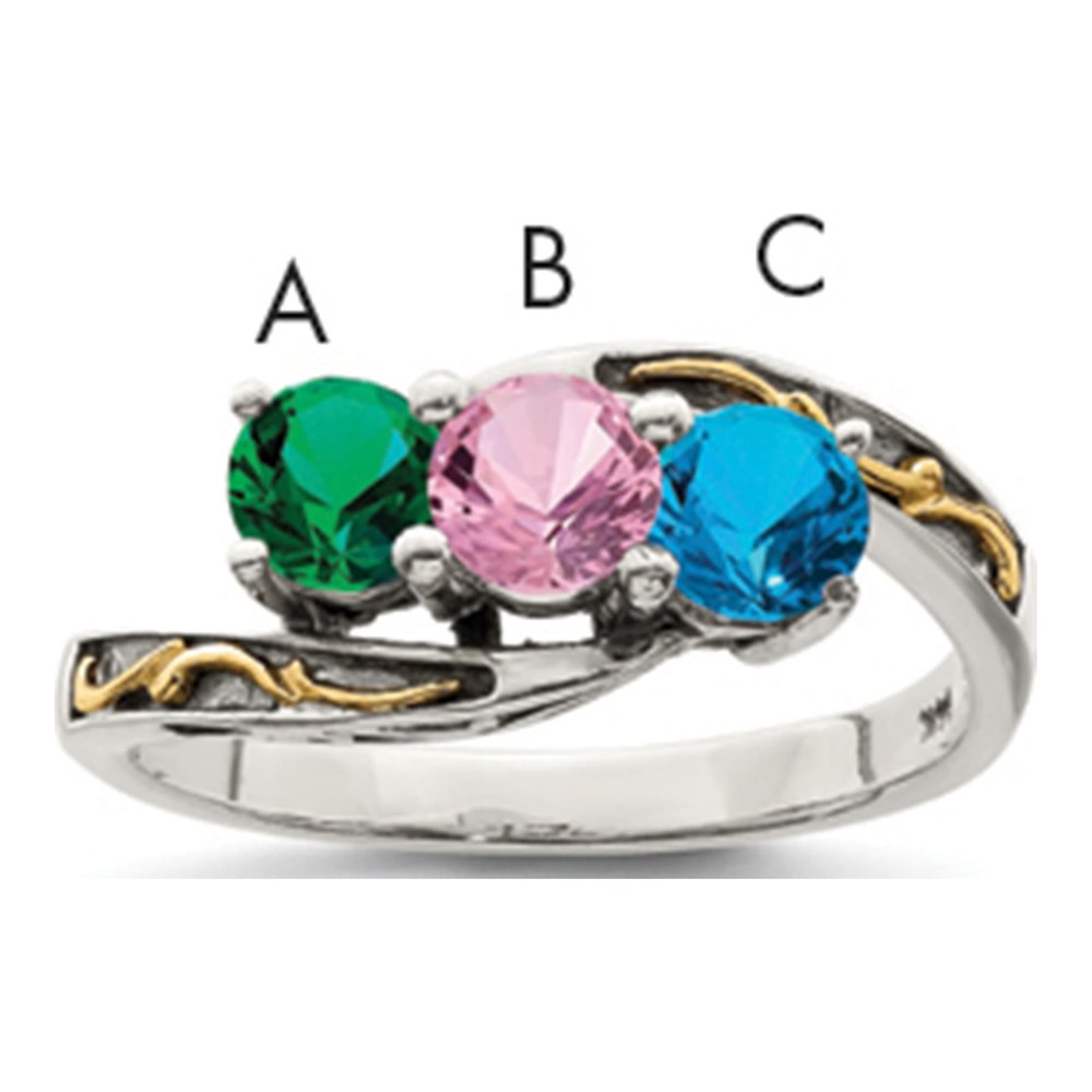 Sterling Silver Antiqued With 14K 3-Stone Mother's Ring