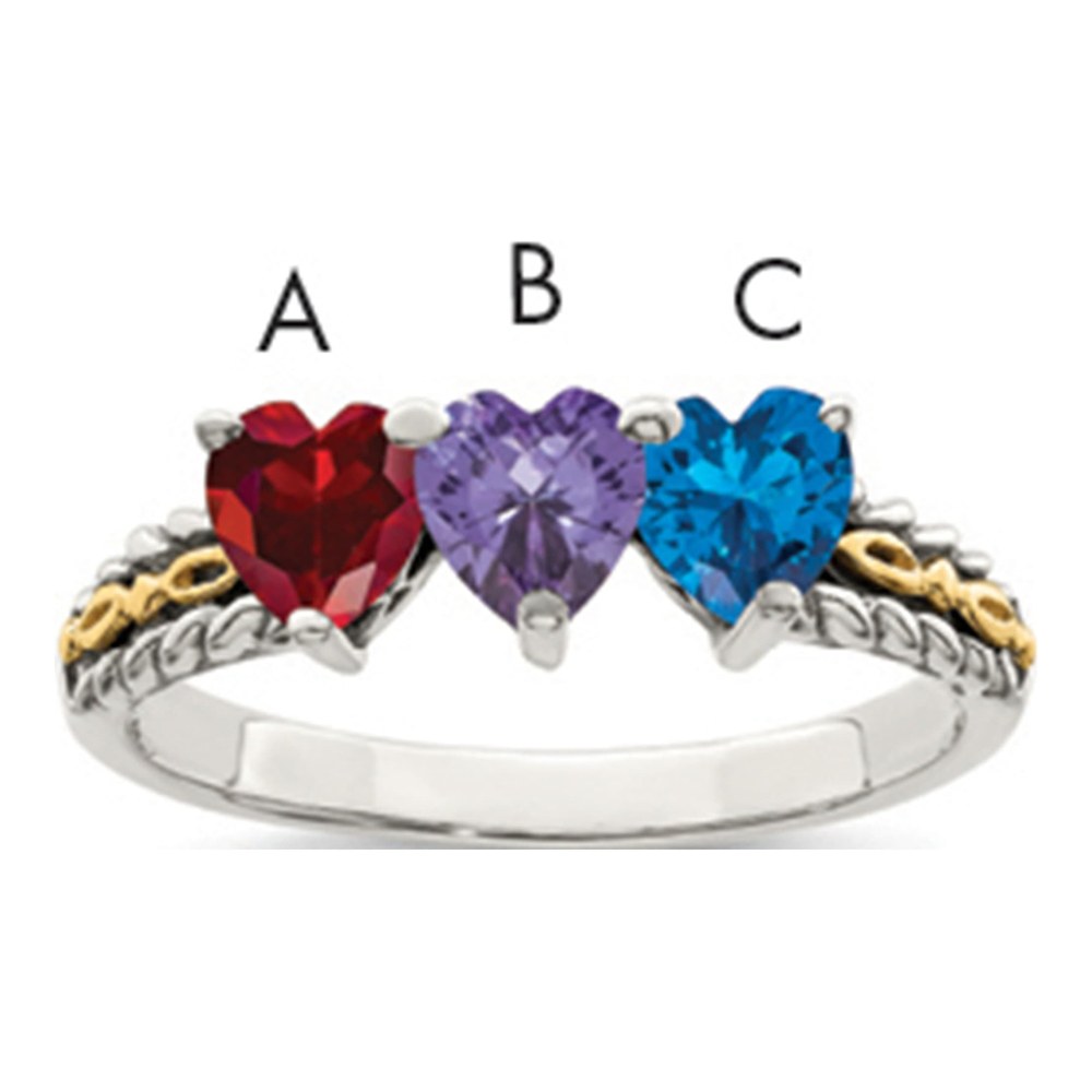 Sterling Silver Antiqued With 14K 3-Stone Mother's Ring