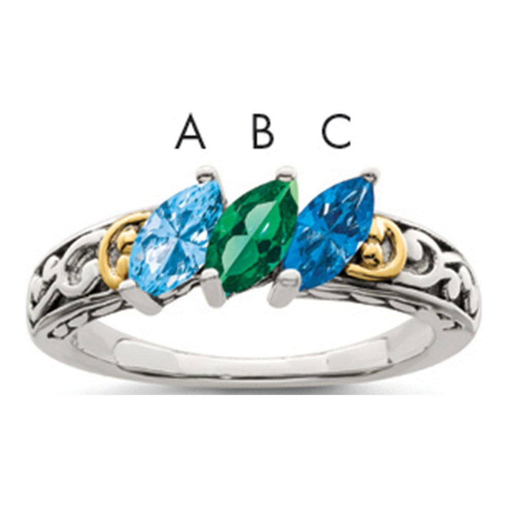 Sterling Silver Antiqued With 14K 3-Stone Mother's Ring