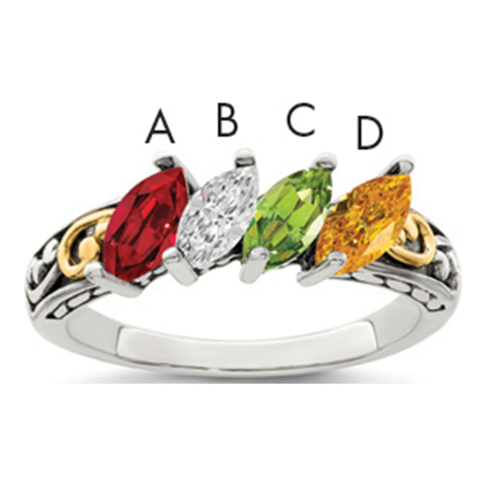 Sterling Silver Antiqued With 14K 4-Stone Mother's Ring