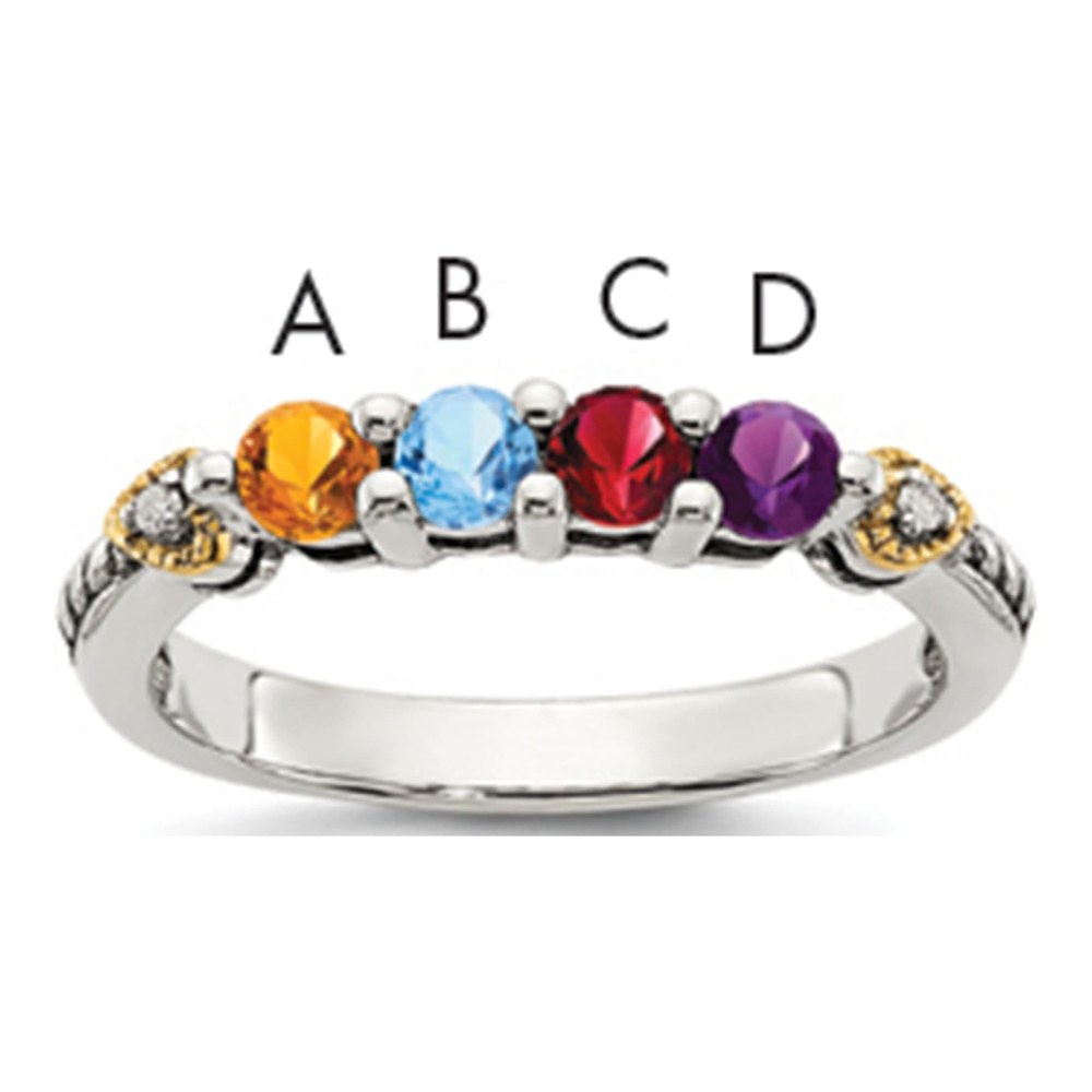 Sterling Silver Antiqued With 14K 4-Stone With Diamond Mother's Ring