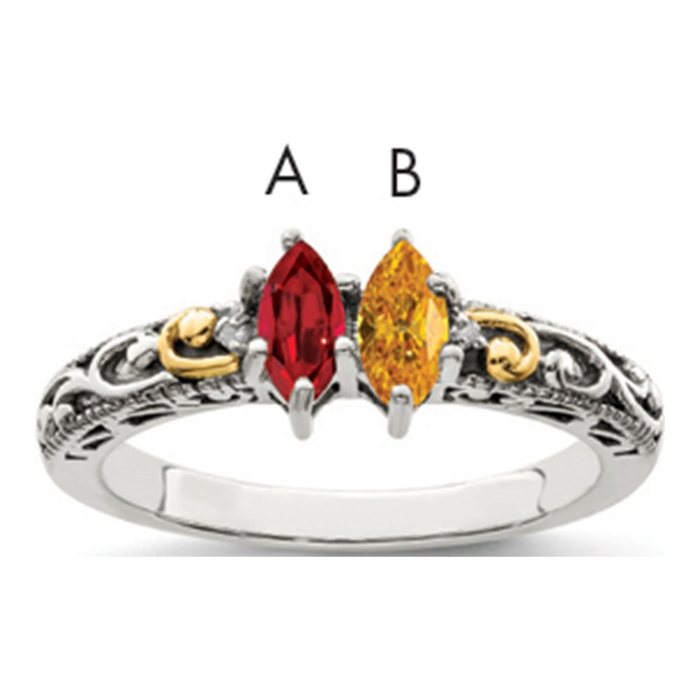 Sterling Silver Antiqued With 14K 2-Stone With 0.010 ctw (total weight)ct Diamond Mother's Ring